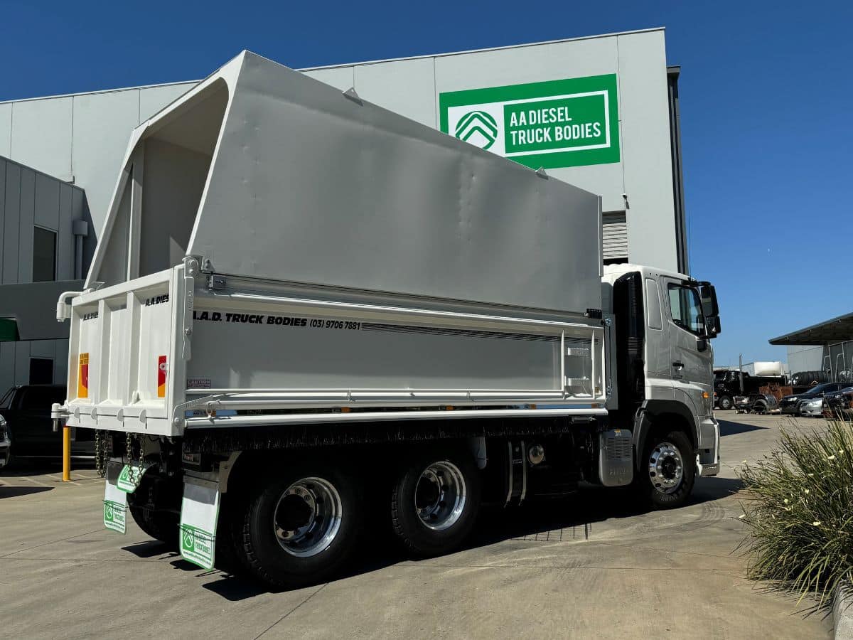 Custom Hino 700 Tipper outside AA Diesel factory